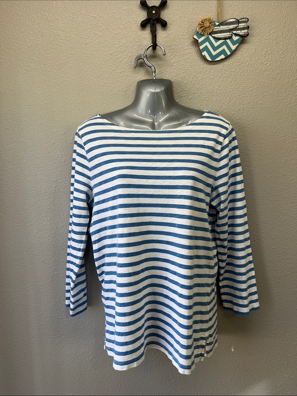 J crew long sleeved blue and white striped t shirt top. Size M